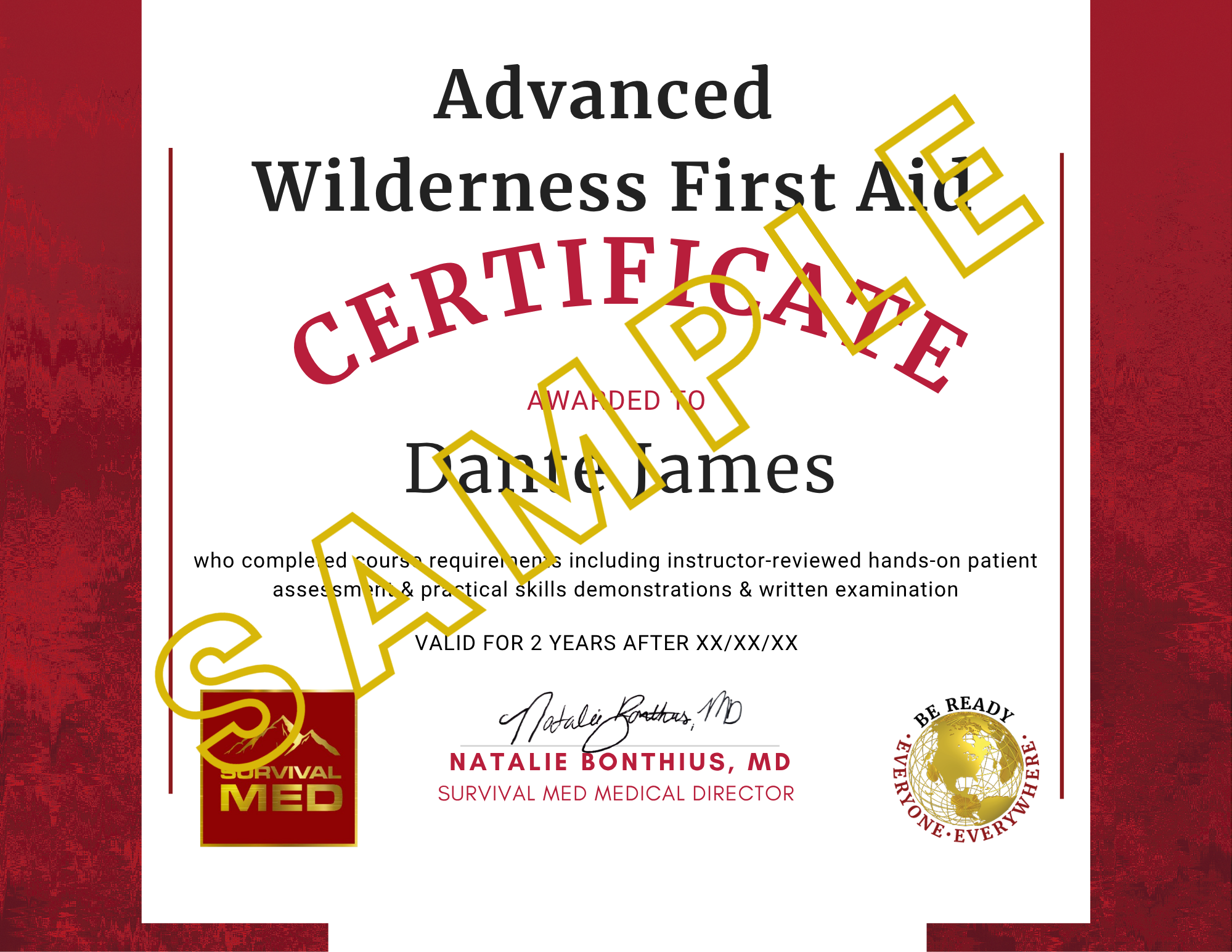 Advanced Wilderness First Aid certificate example