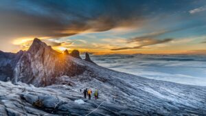 Hikers and climbers on stormy Mount Kinabalu in Malaysia
