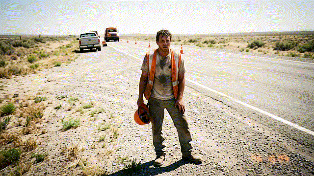 Road worker with heat stroke on lonely road